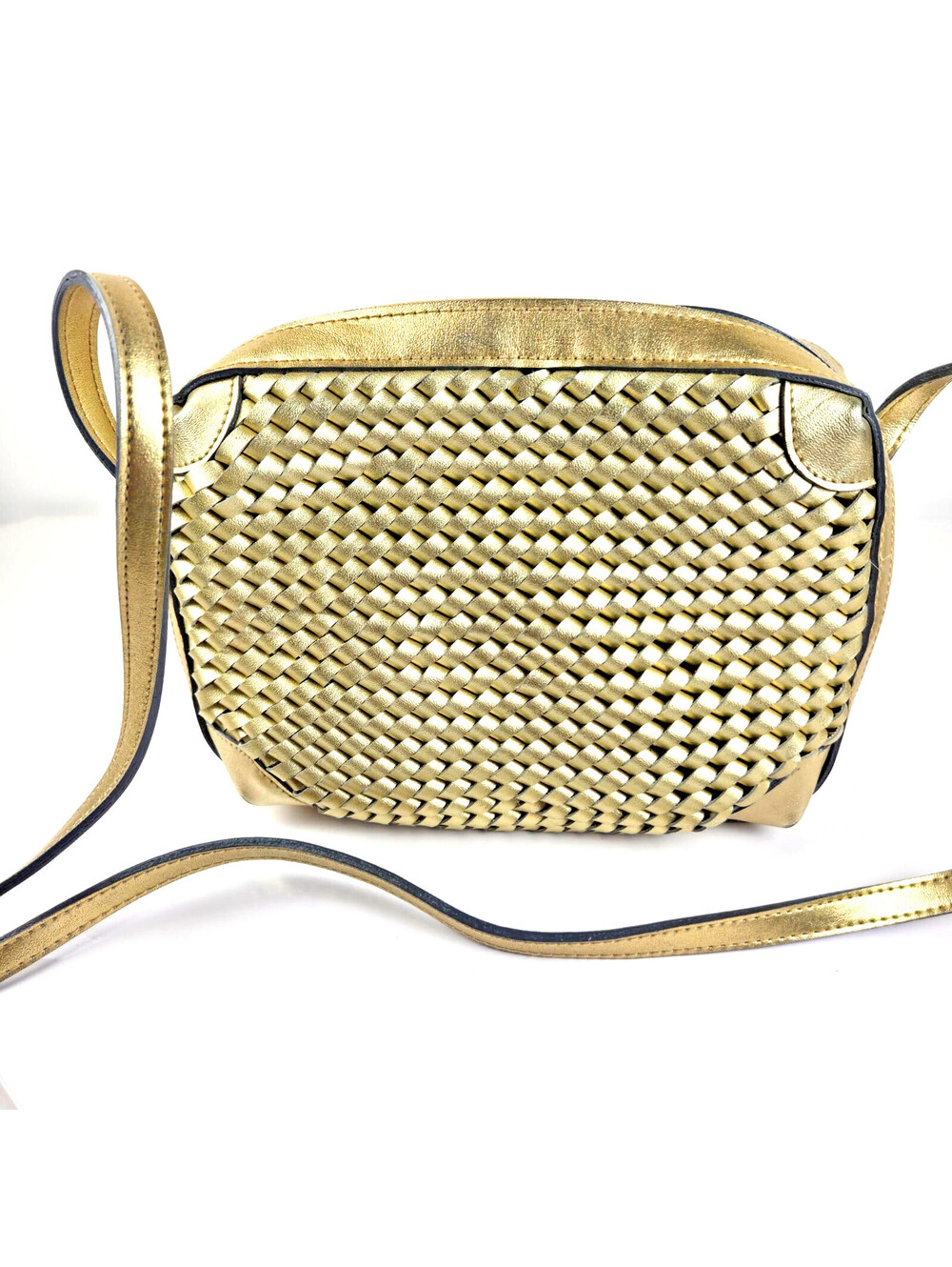 Jennifer Moore Gold Metallic Woven Crossbody Bag Adjustable Strap Purse